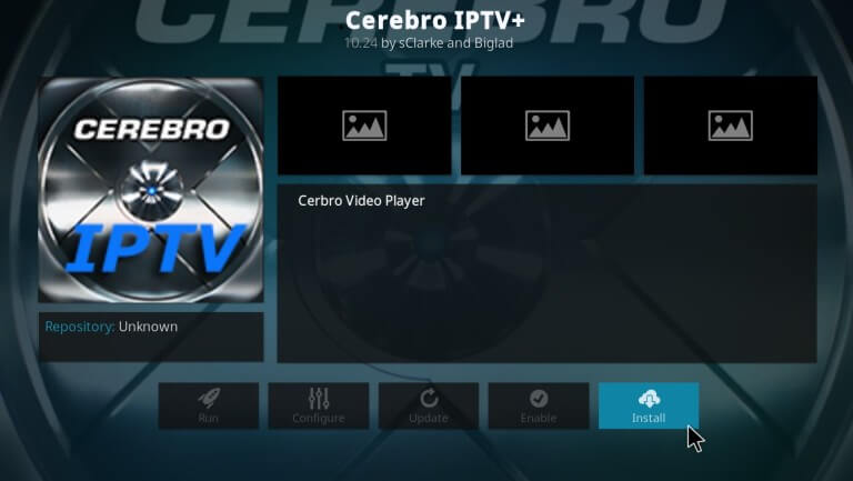 Click Install - Cerebro IPTV on Kodi