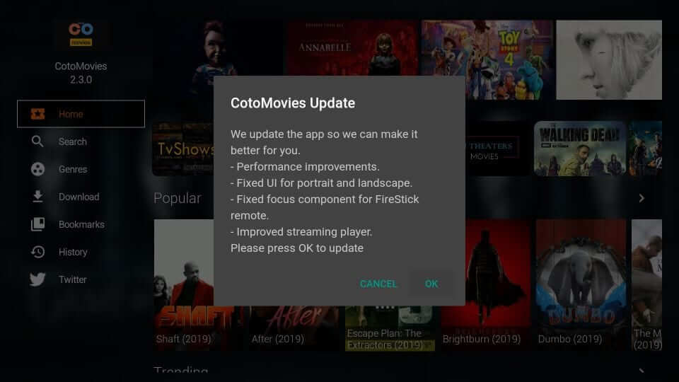 Press OK to Update CotoMovies Apk