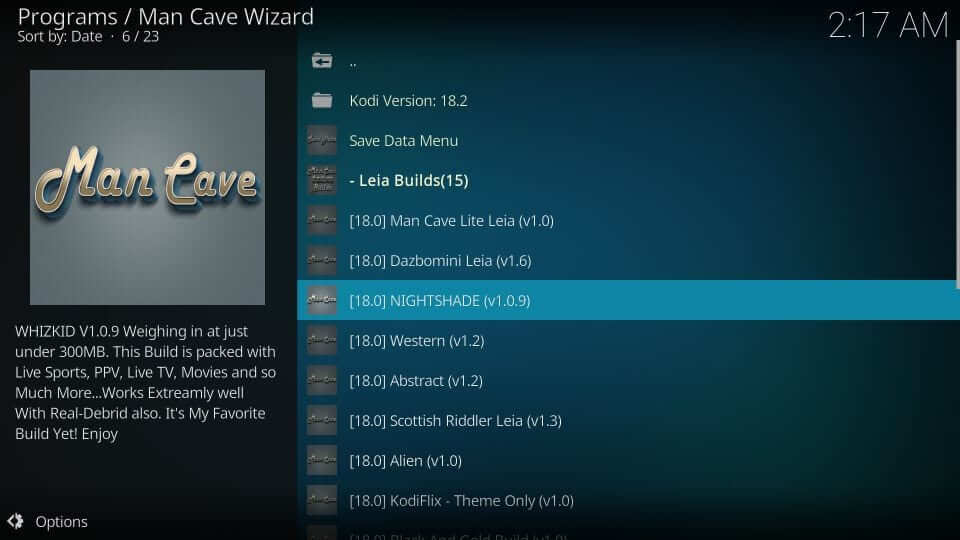 Select Nightshade - Mancave Wizard Kodi Builds