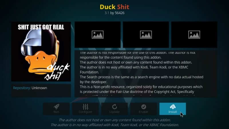 Tap on Install button to get Duck Shit Kodi Addon