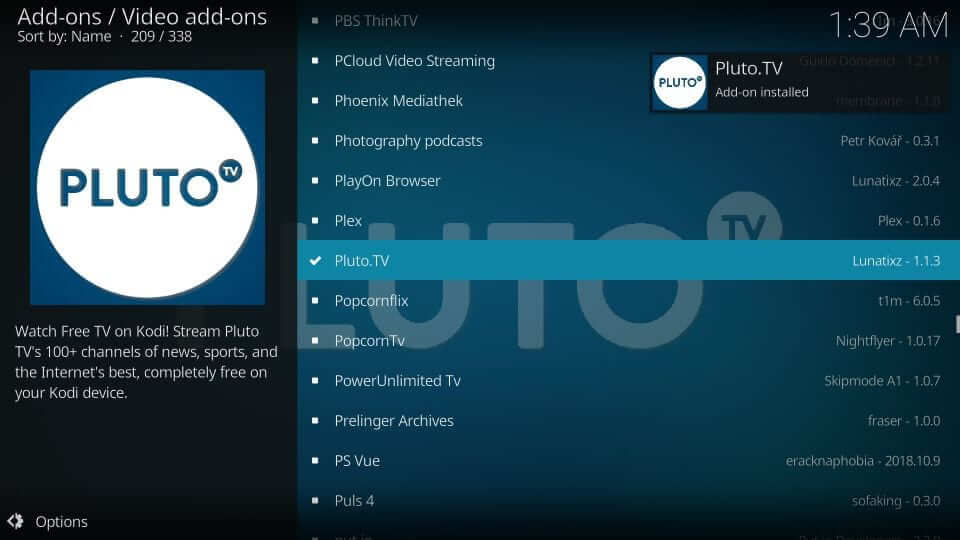 Pluto TV addon installed