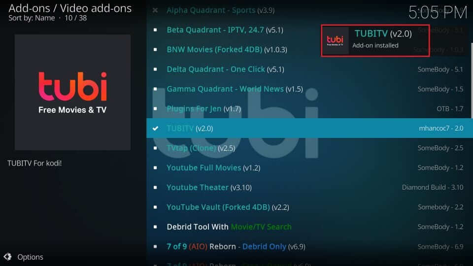 Tubi TV Add-on Installed