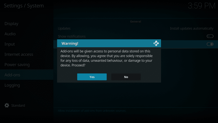 Enable Unknown Sources to Configure Kodi