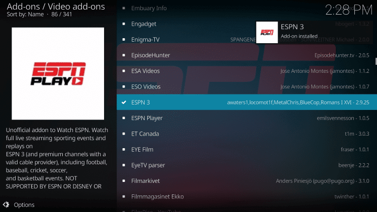 ESPN installed