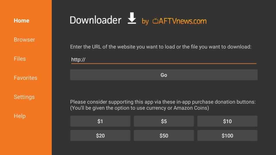 Downloader Home Screen - Enter Kanopy URL
