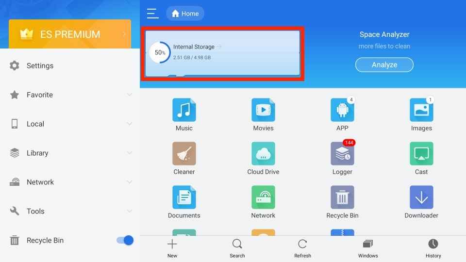 Select Internal storage on the home screen
