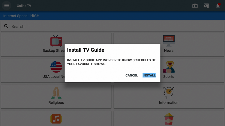 Install option - Exodus Live TV