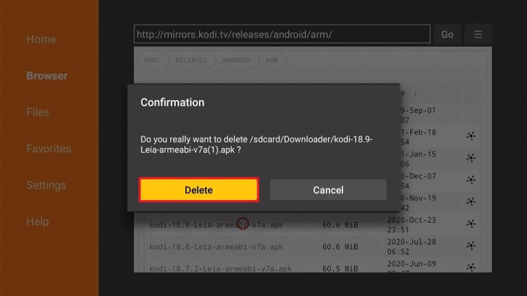 Confirm Delete - Downgrade Kodi 19 to Kodi 18