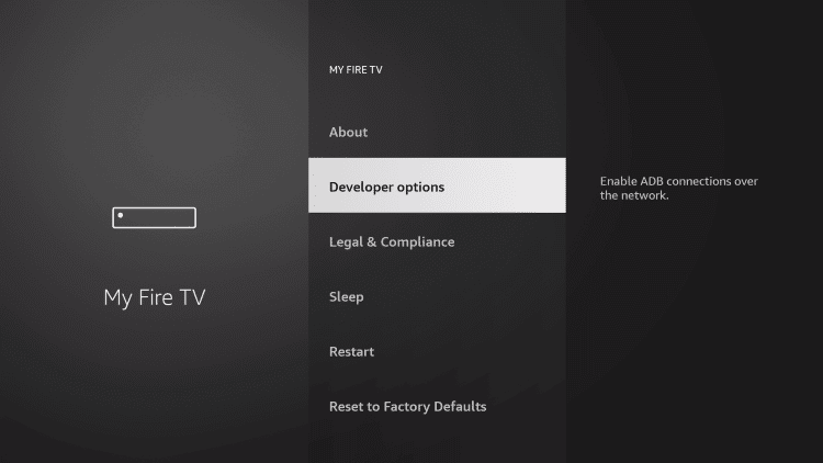 Developer options - Cinemax on Firestick