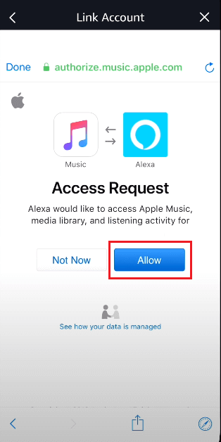 click on Allow to Alexa to access Apple Music 