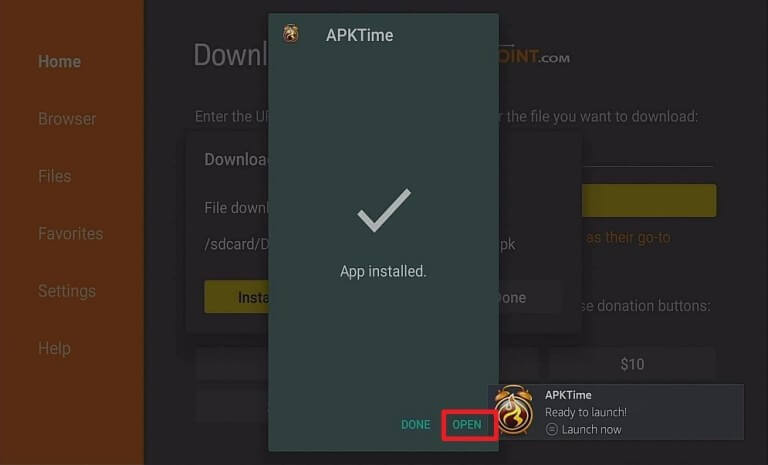 click on Open to launch APK Time on Firestick