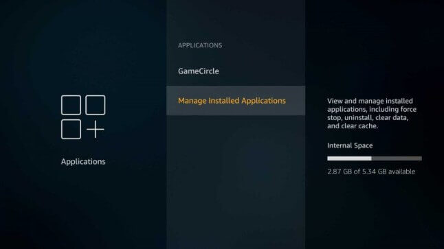click on manage installed applications to clear cache on firestick