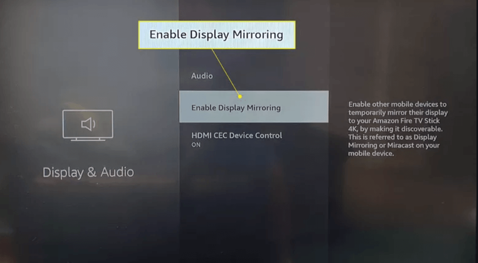 Enable display mirroring mode for firestick