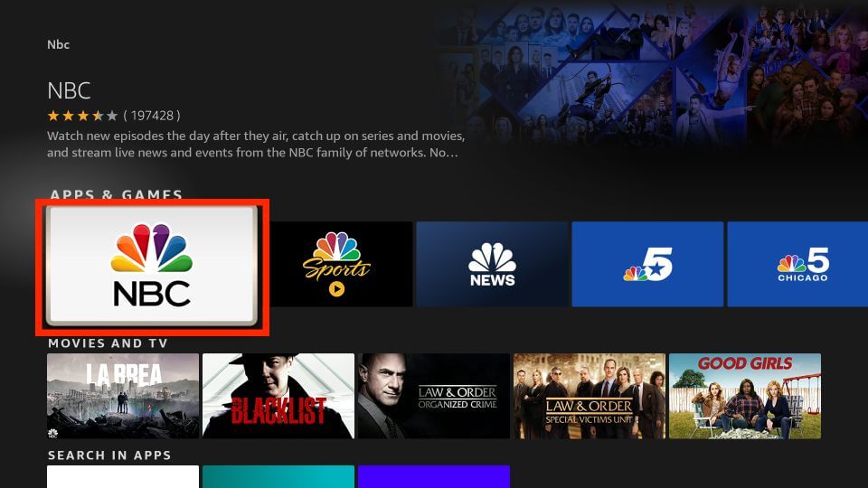 pick the NBC app from the search results