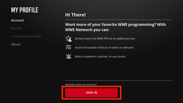 Sign-in page on WWE