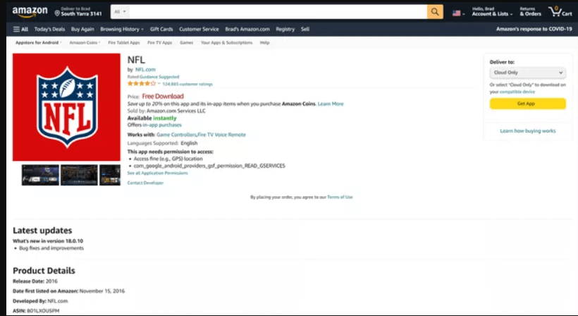 search for NFL app on Amazon website