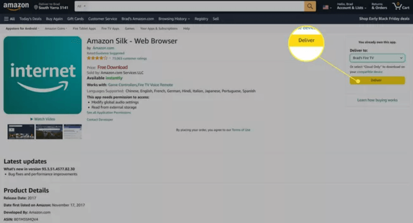 click deliver button to install silk browser on firestick