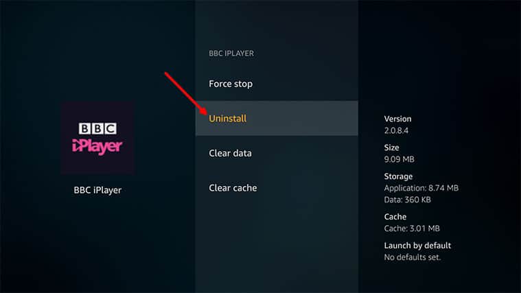 Uninstall BBC iPlayer to fix not working issue on Firestick