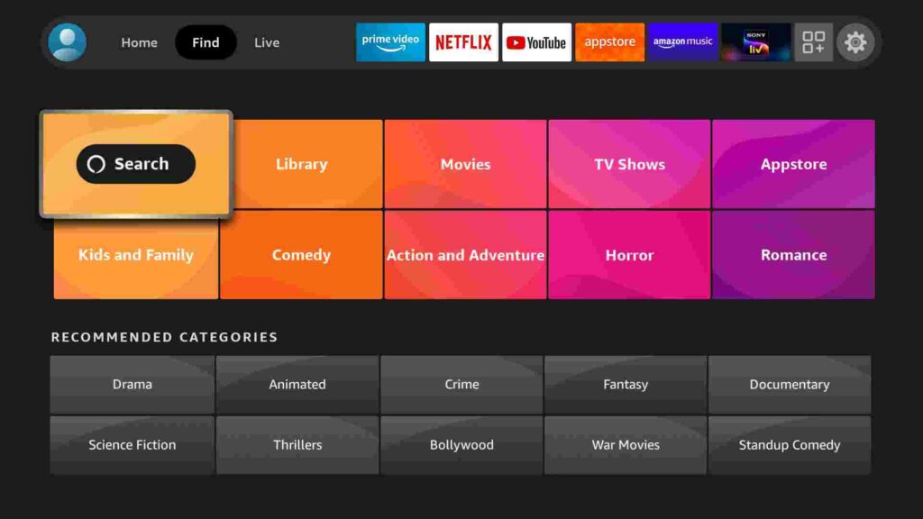 Select Search tile to get Colors TV on Firestick