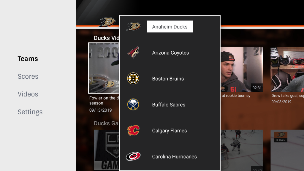 NHL home page on Firestick