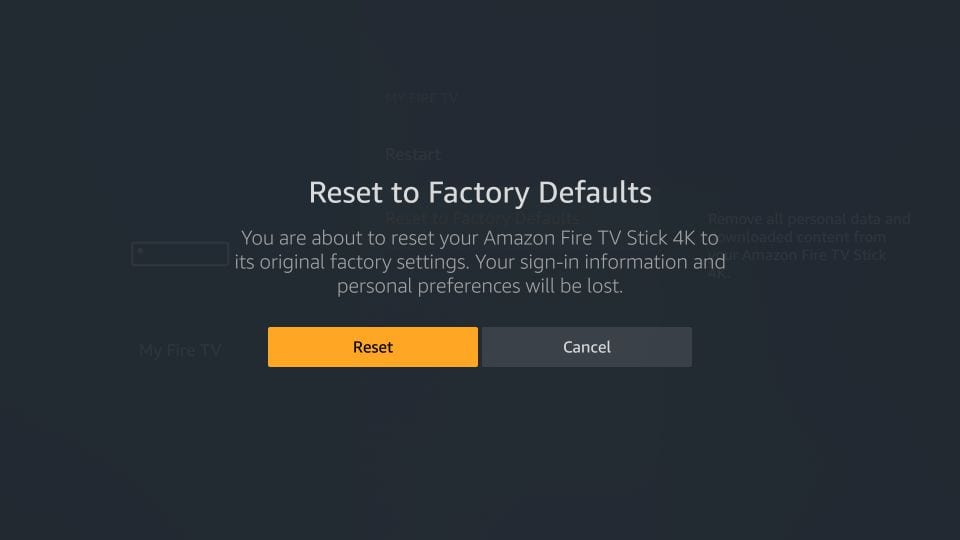 Select Reset button to fix NordVPN Not Working on Firestick