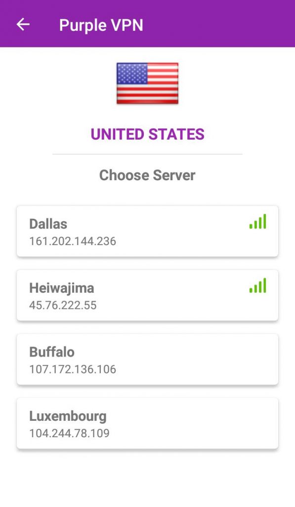 PurpleVPN servers list 