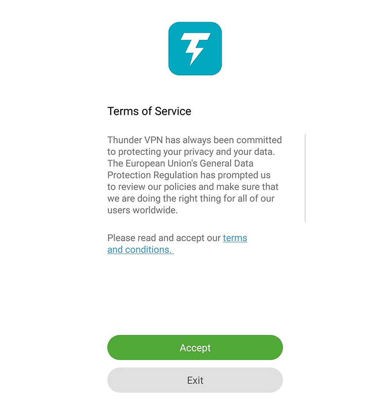 Thunder VPN app showing terms and conditions for Firestick