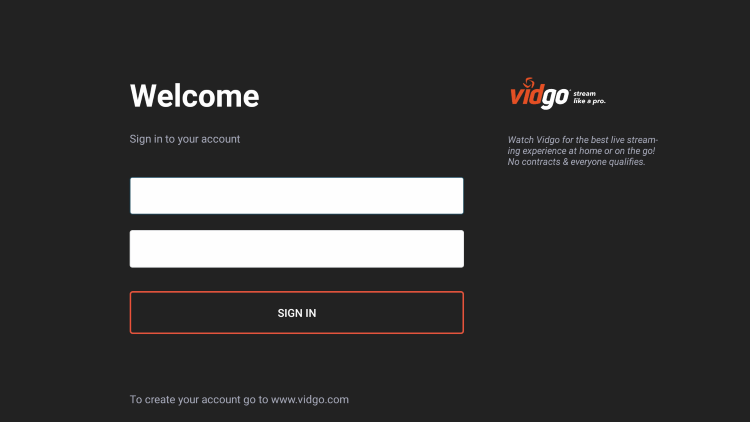 Vidgo sign in page on Firestick