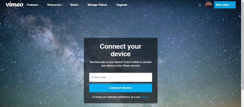 Connect device to Vimeo