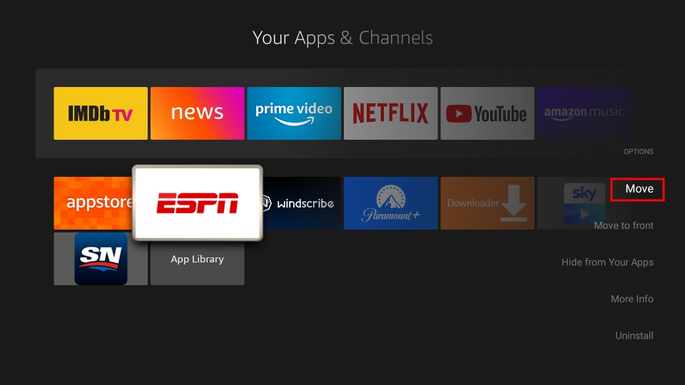 ESPN app on Apps & Channels window