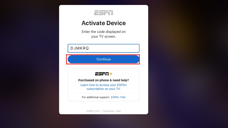 ESPN activation page for Firestick