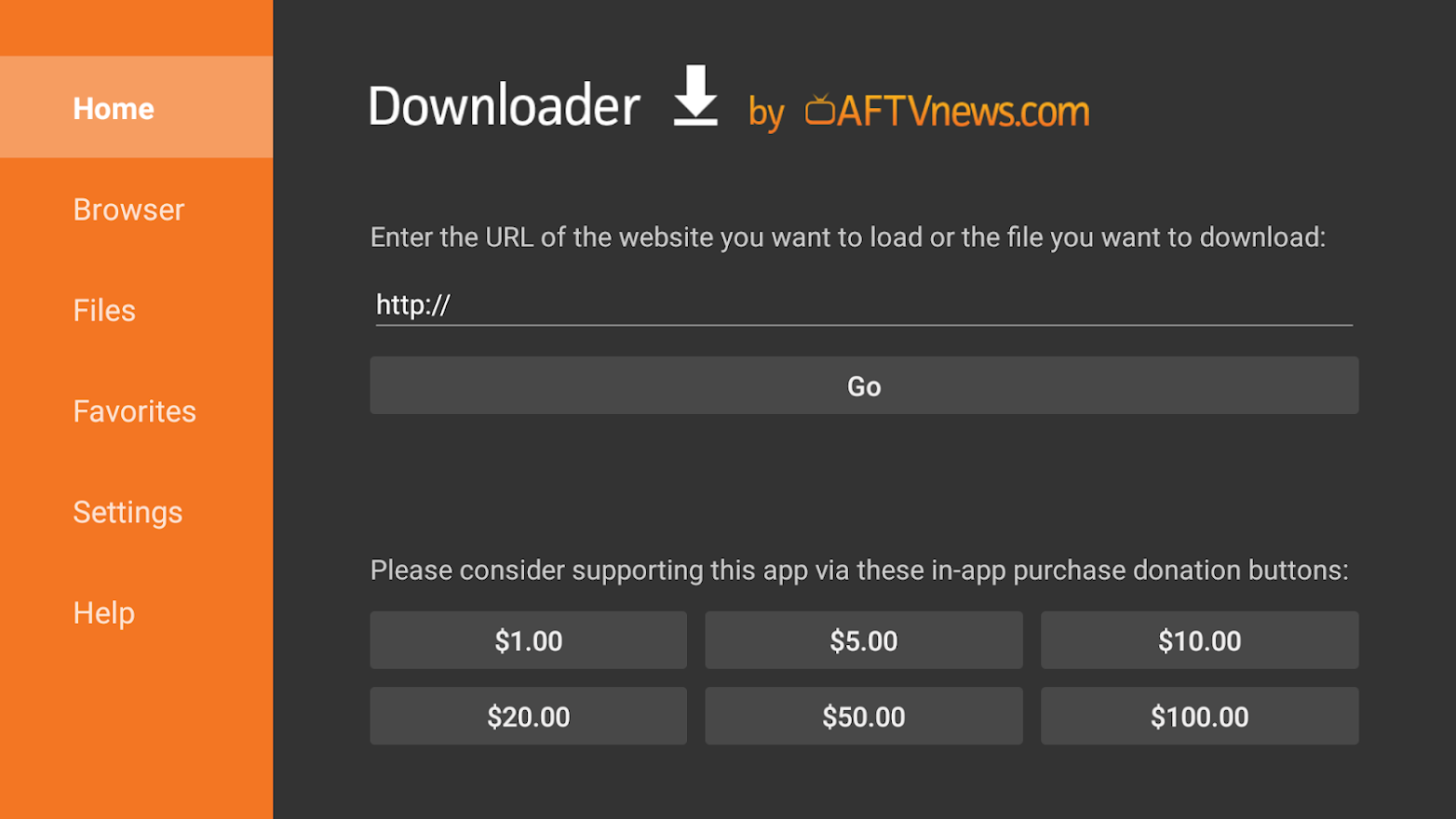 Downloader URL field to enter Bravo apk