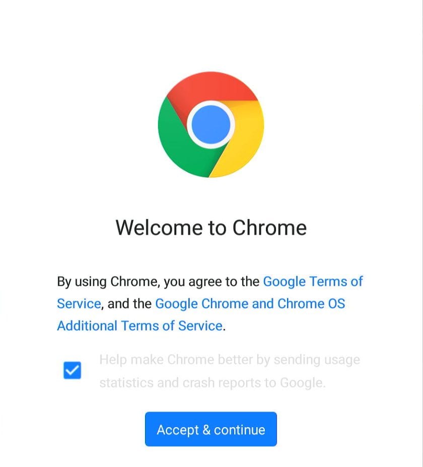 Google Chrome Accept & Continue