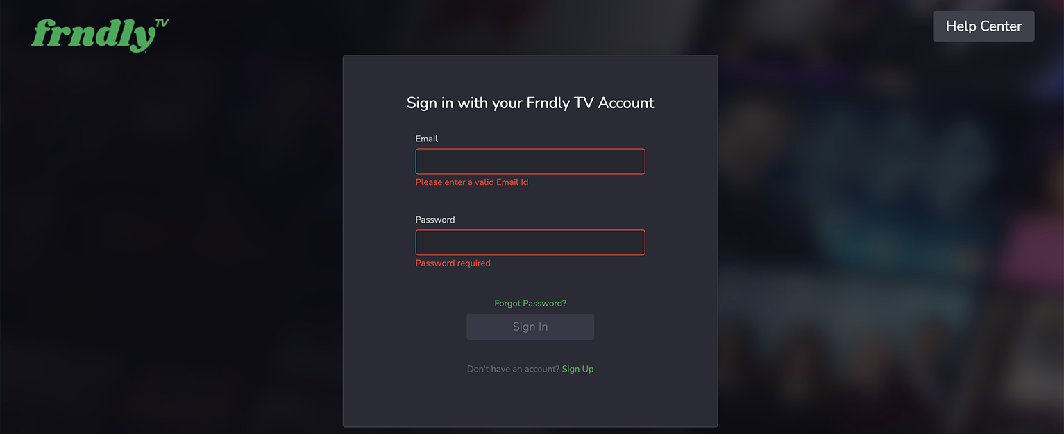 Frndly TV log in page on Firestick