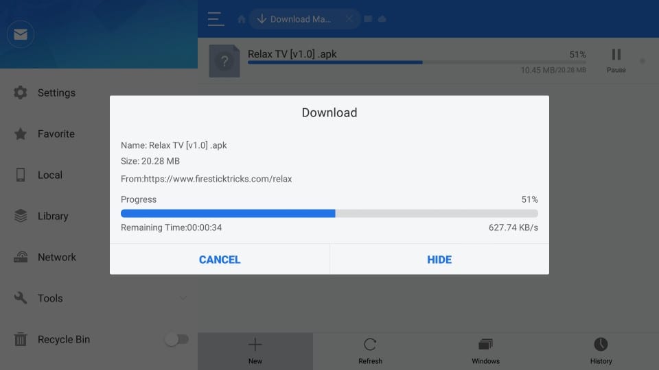 Relax TV download progress on ES File Explorer