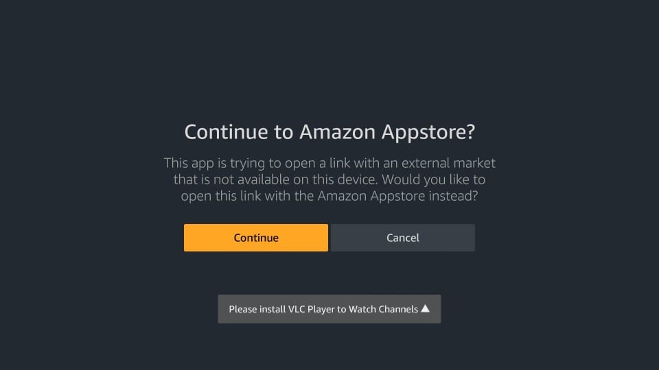 Continue to Amazon Appstore screen message