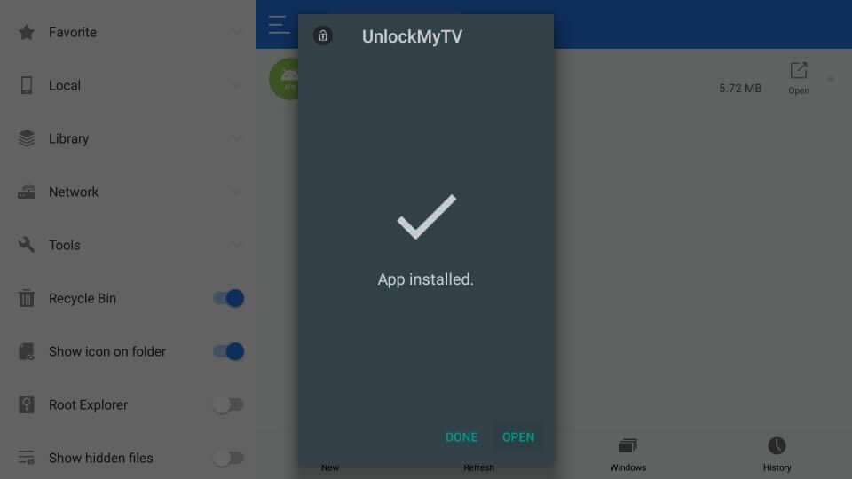 click install to stream UnlockMyTV APK on Firestick