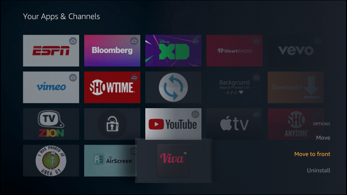 Viva TV on Firestick - Select Move to Front 