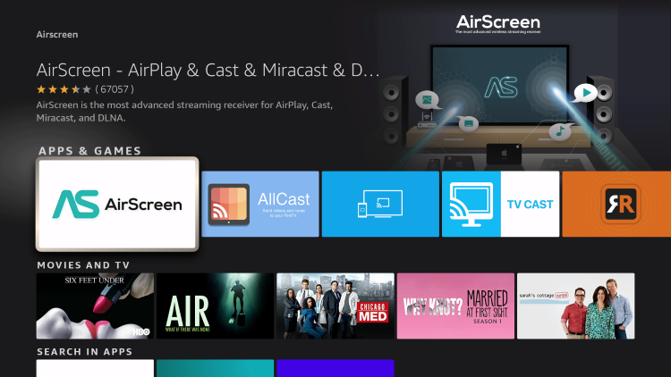 AirScreen search result on Firestick