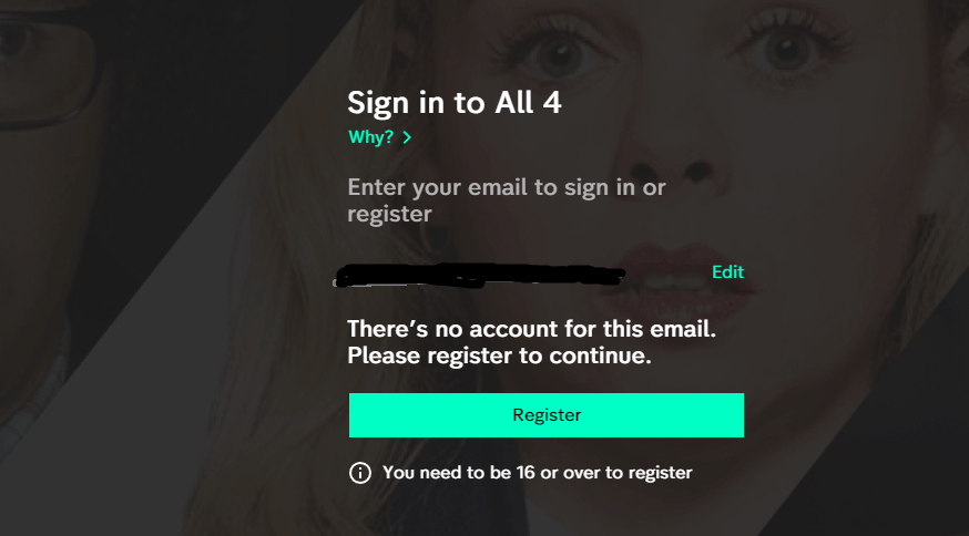Tap register in the sign in to All 4