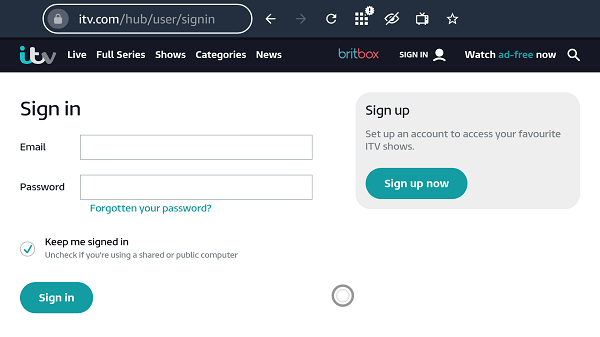 ITV Hub on Firestick/ enter the email and password