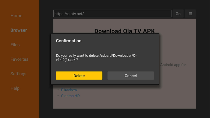 OLA TV on Firestick/ click the delete  button