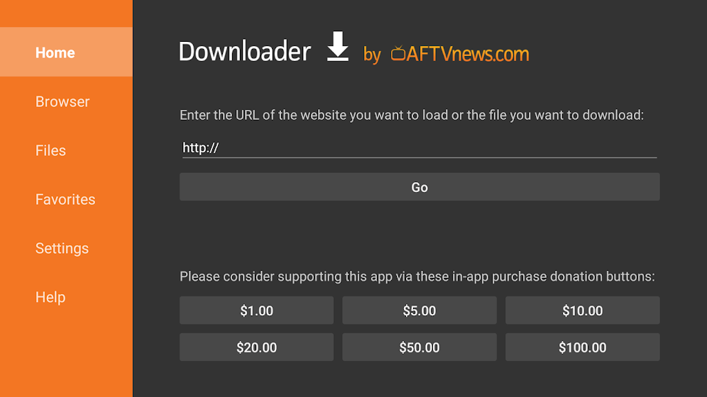 Enter Watch OWN apk link on Downloader URL on Firestick