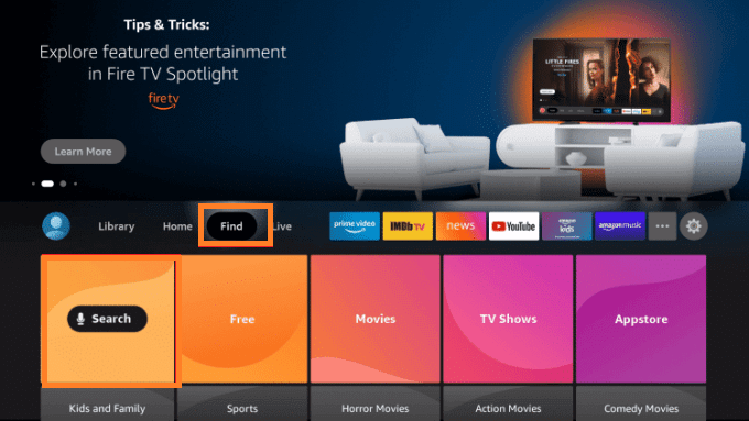 TVOne on Firestick/select Find and Search tab