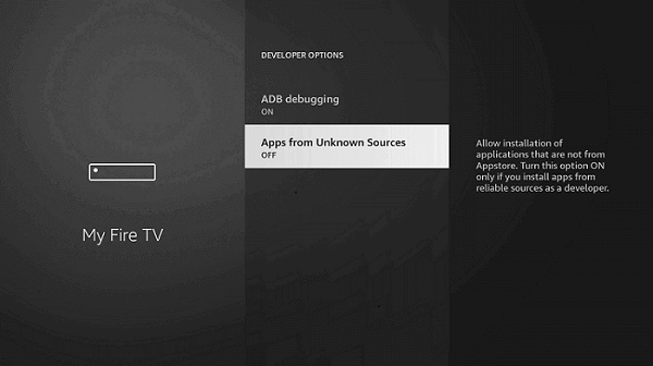 Turn on Apps from Unknown Sources to install TeaTV on Firestick