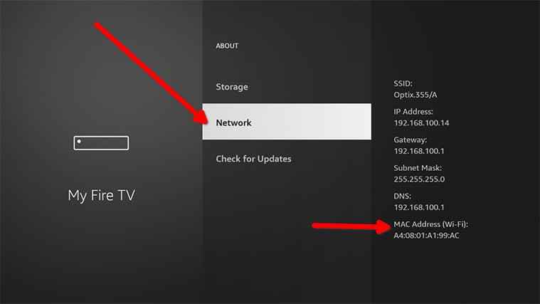 tap Network to find the MAC address on Firestick