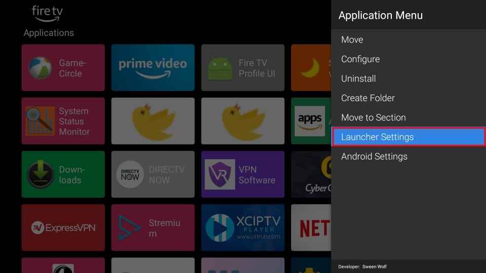 tap launcher settings to customize status bar on Wolf Launcher Firestick