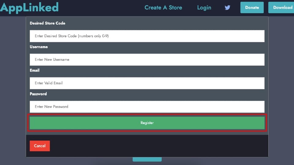 click the Register button to create AppLinked Store