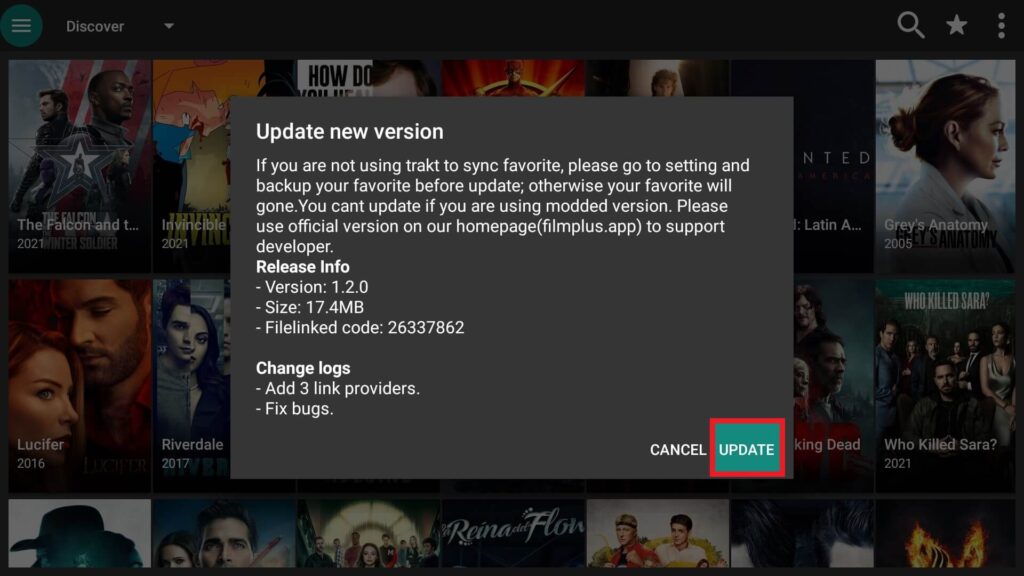 tap the Update button to update FilmPlus