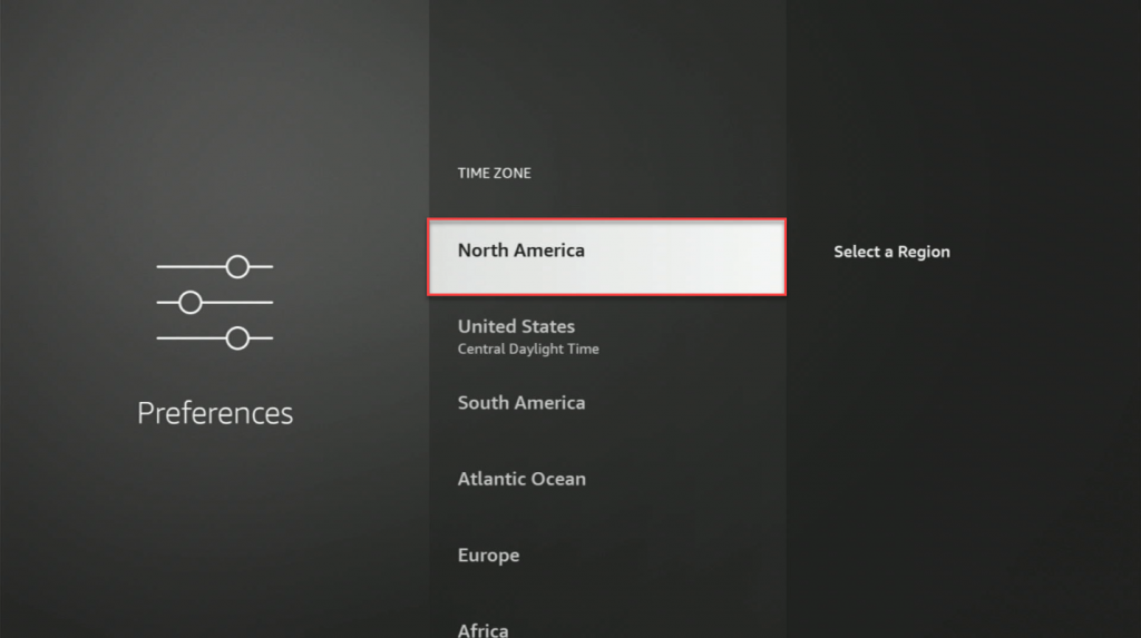 select the region to change the time on Firestick